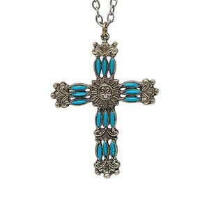 Vintage Turquoise Inlay Resin Silver-Tone Cross Pendant Necklace